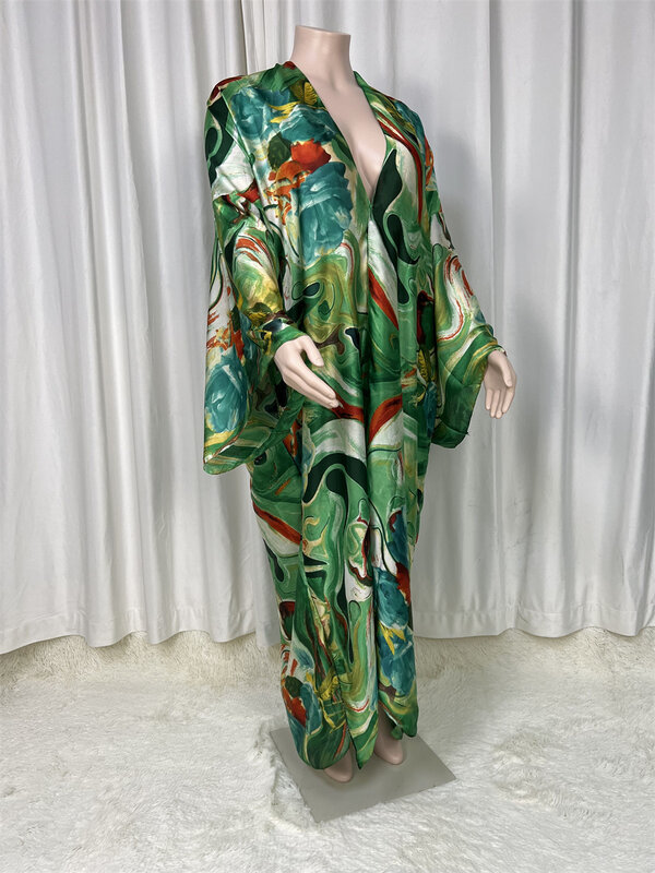 Vestido largo holgado de Arabia saudita para mujer, traje de baño con estampado bohemio, caftán africano, manga de murciélago, cárdigan de seda para playa, 2024