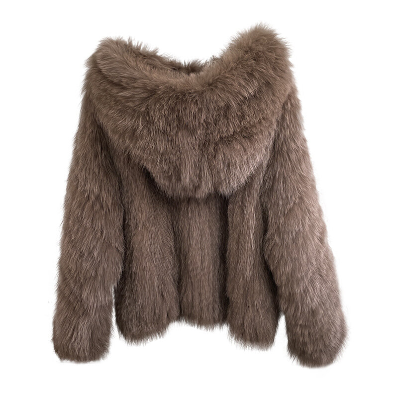 New fox fur double-sided hooded woven fur coat for women's Korean version medium length silhouette slimming coat