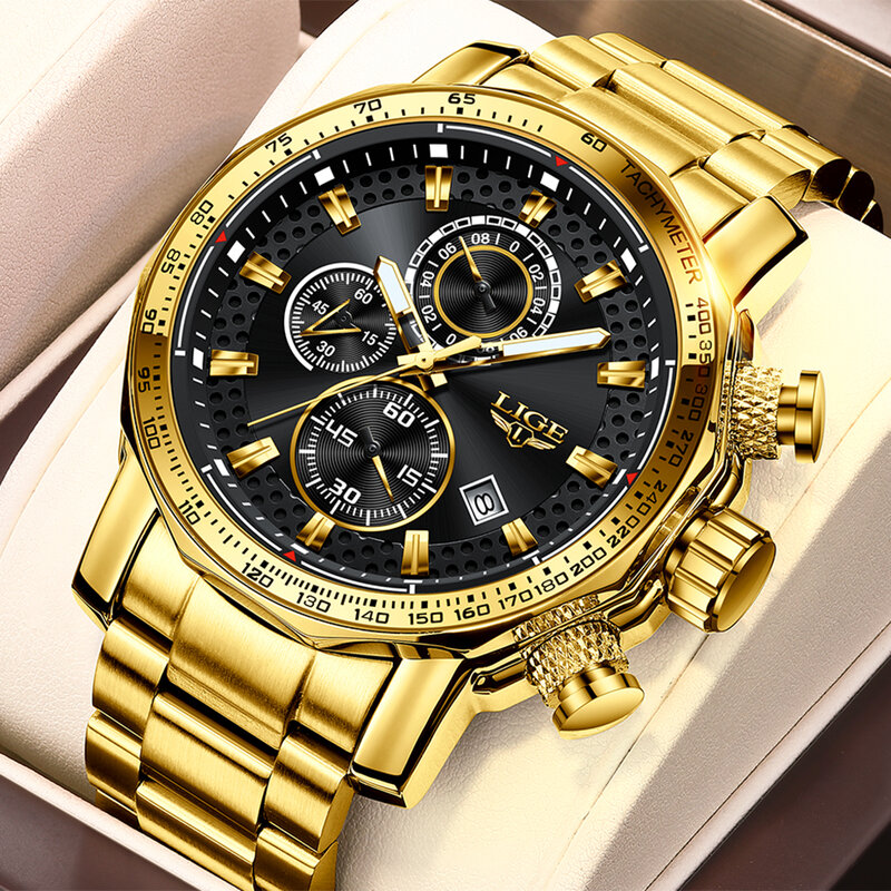 LIGE męskie zegarki Top marka Big Sport Watch luksusowe męskie wojskowe stalowe zegarki kwarcowe Chronograph złoty Design męski zegar