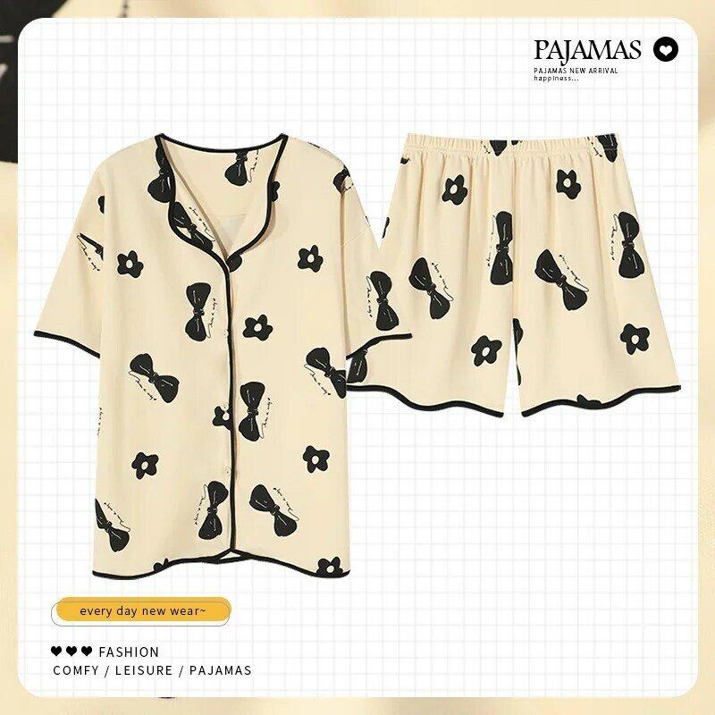 Ensemble de pyjama en coton imprimé 2 pièces pour femmes, vêtements de nuit à manches courtes, short, poche, boutons, vers le bas, vêtements d'intérieur, été