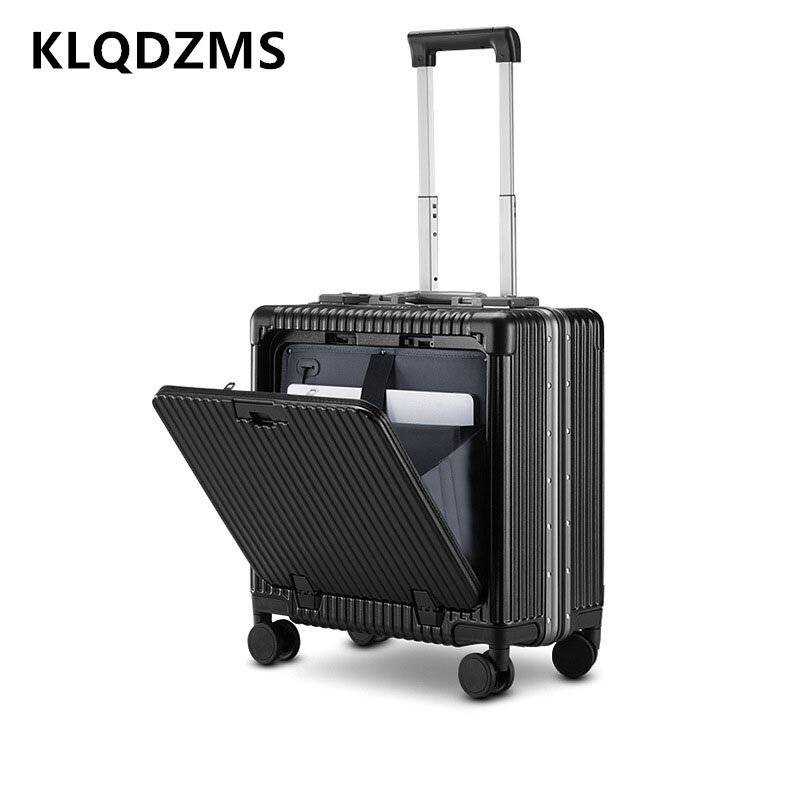 KLQDZMS-Multifuncional Alumínio Quadro Trolley Caso, Frente Abertura Boarding Box, Rolling Mala, Alta Qualidade Bagagem, 18 Polegada