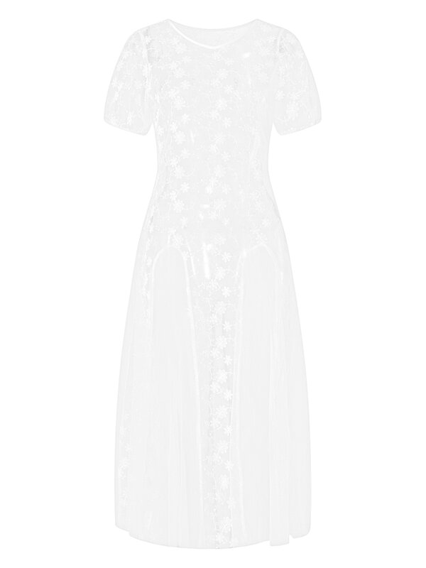 ZZLBUF damska koronkowa prześwitująca sukienka Maxi Y2k z krótkim rękawem koronkowa sukienka kwiecista długa imprezowy Streetwear