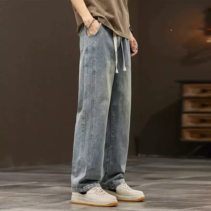 Эластичные прямые джинсы, мужские джинсовые брюки с широкими штанинами, повседневные брюки, спортивная одежда в Корейском стиле, брюки, мужская одежда