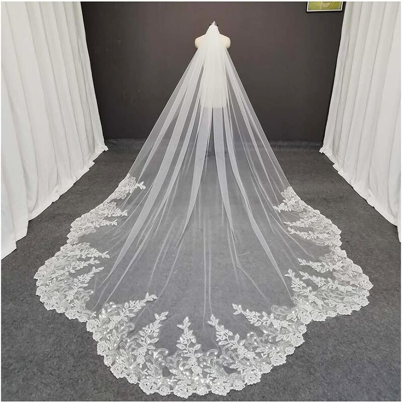 Scalloped Edge Bling Sequins Lace Long Wedding Veil with Comb 3/3.5/4/5 Meters 1 Tier Bridal Veil Wedding Accessories