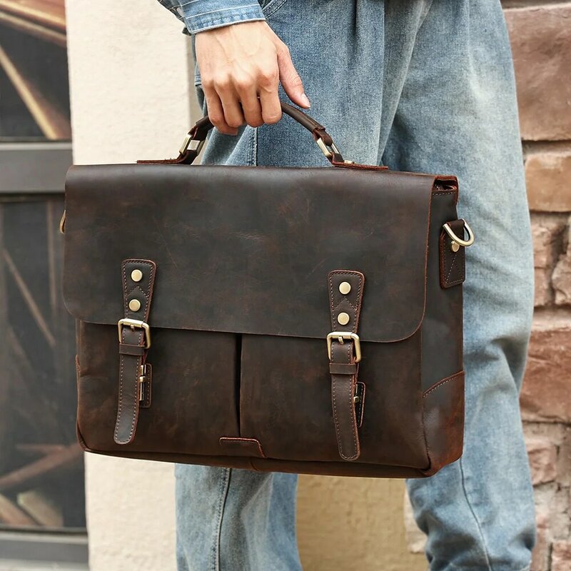 Crazy Horse Genuine Leather Briefcase Men Business 15.6" Laptop Office Bag High Quality Shoulder Messenger Portfolio