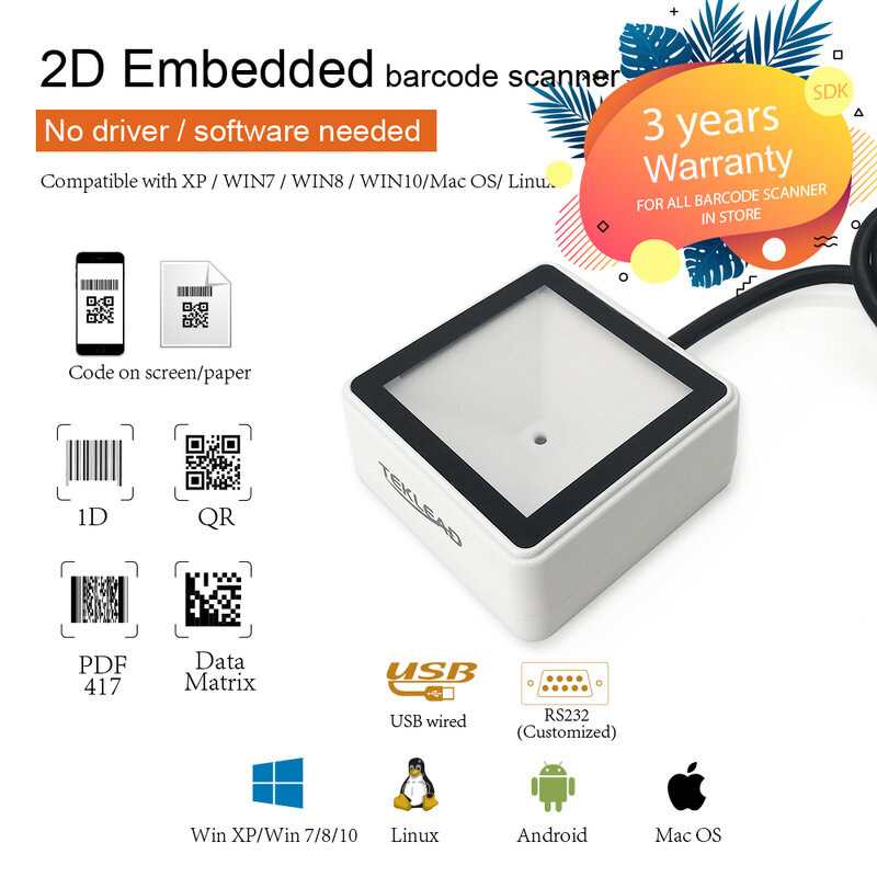 TEKLEAD Embedded 2D Barcode Scanner Module Wired USB Mini Size 1D QR Code Reader Easy to Install
