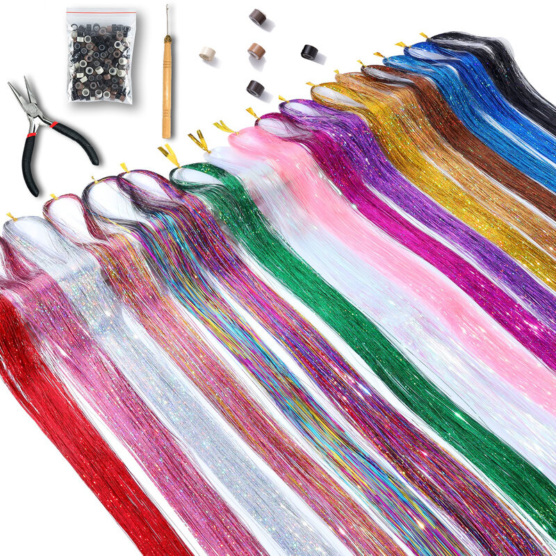 XINRAN Shiny Sparkle Hair Tinsel 100cm Thin Colorful Rainbow Silk Hair Extensions Dazzles Women Hippie for Braiding Headdress