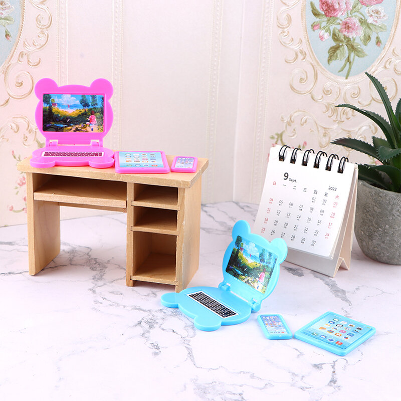 Dollhouse Miniature Dobrável Laptop Modelo, Computador Tablet Phone Set, Casa de Boneca, Cena Do Escritório, Home Decor Toy, 1:12, 3Pcs