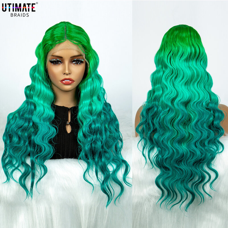 Wig hijau Ombre, wig bagian tengah untuk wanita, rambut palsu panjang bergelombang keriting, wig akar hijau untuk wanita, penggunaan pesta Cosplay harian