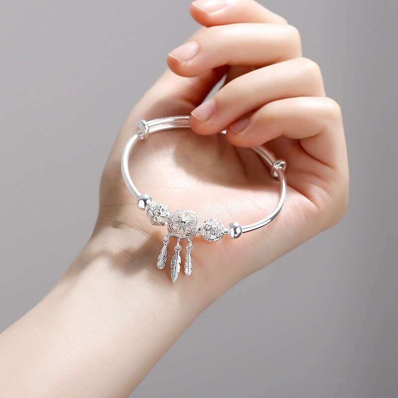 hot Sterling Silver Plated Bangle Dreamcatcher Tassel Feather Round Bead Charm Bracelet Cuff For Women Adjustable size
