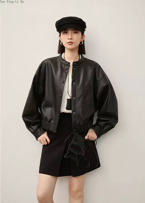 2023 Women First-layer Genuine Sheepskin Leather Jacket Small Round Collar Loose Leather Jacket W37