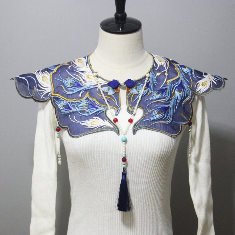 Chinese Embroidered False Collar Fringes Floral Pattern Collar for Woman Girl Chinese Ancient Costume Decorative