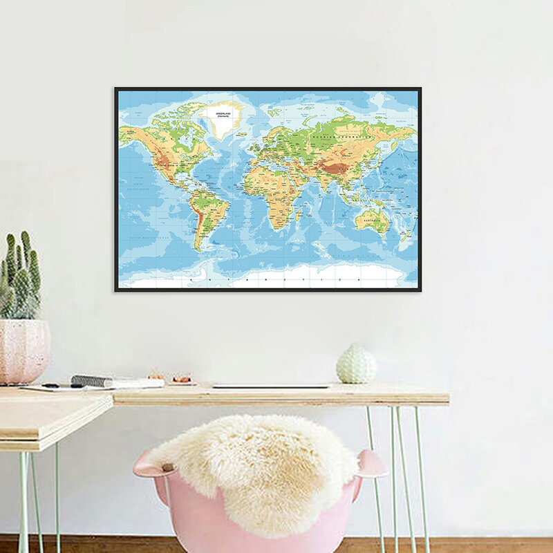 The World Political Physical Map 90*60cm sin decoloración edición clásica mapa del mundo sin bandera de país póster para cultura y viajes