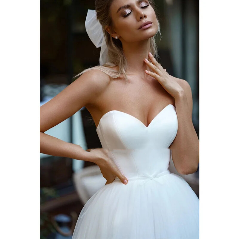 Simple White Tulle A Line Wedding Dress With Detachable Wrap Off The Shoulder Long Sleeves Pleats Sweetheart Boho Bridal Gowns