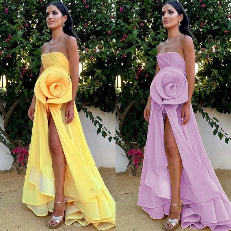 Gaun Prom malam Jersey Arab Saudi bunga Ruched Clubbing A-line tanpa tali gaun acara Bespoke gaun panjang