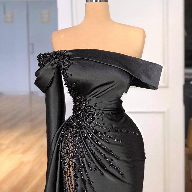 Robe de Soirée Noire à Épaules Dénudées en Forme de Sirène, Tenue de Bal Sexy et Personnalisée avec Perles de Luxe