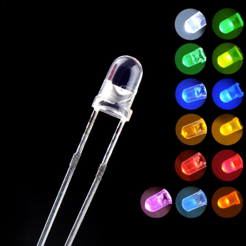 Manik-manik lampu Led, 100 buah 5 mm Bai Honghuang biru, hijau, ungu, oranye, instruksi F5 menjadi 5 mm Led diode pemancar cahaya