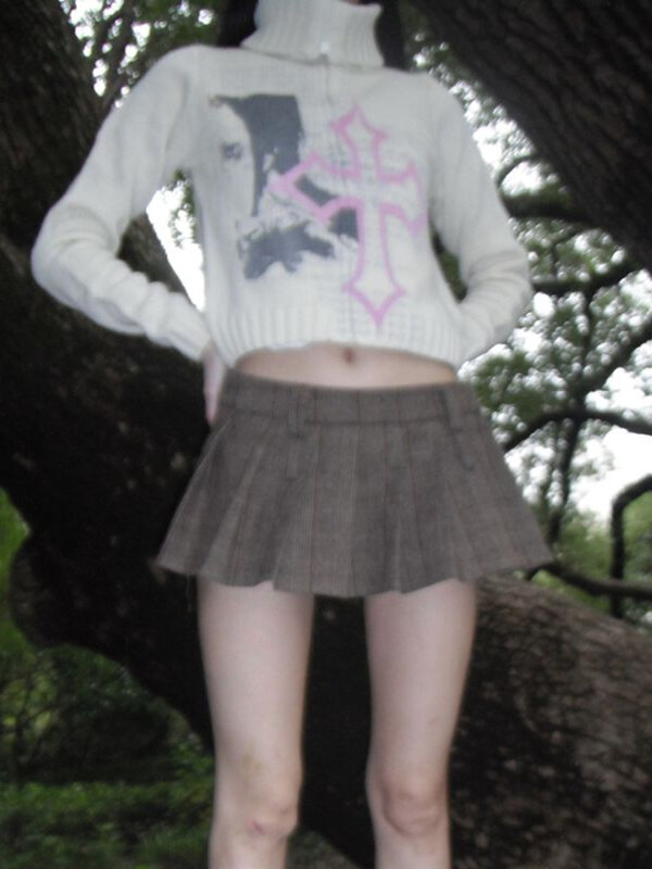 Deeptown-cárdigan corto blanco Harajuku para mujer, suéter gótico Grunge con estampado cruzado, ropa de calle Vintage, Tops de punto con cremallera, Y2K