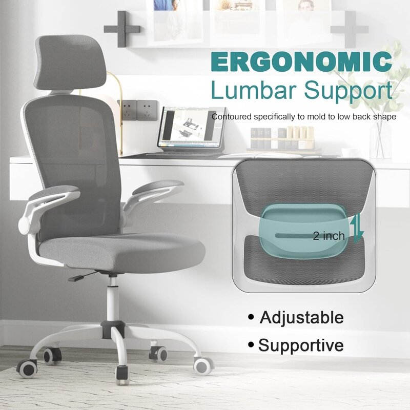 Sedia da ufficio, sedia da scrivania ergonomica con schienale alto con supporto lombare regolabile e poggiatesta, sedia operativa girevole con flip