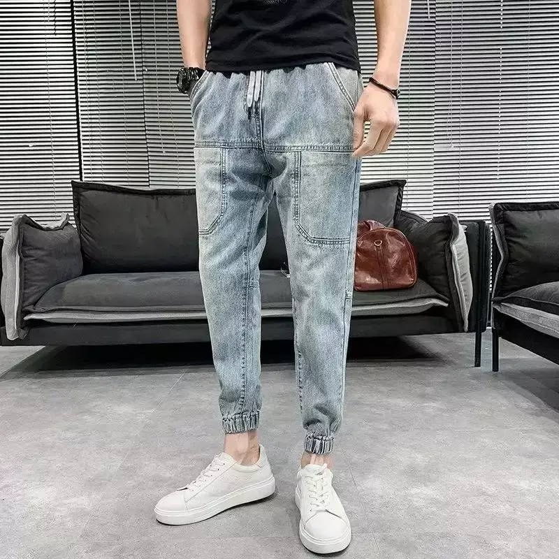 Trousers with Pockets Man Cowboy Pants Tapered Cropped Men's Jeans Korean Style Kpop Retro Autumn Clothing Fashion 2024 Trend Xs