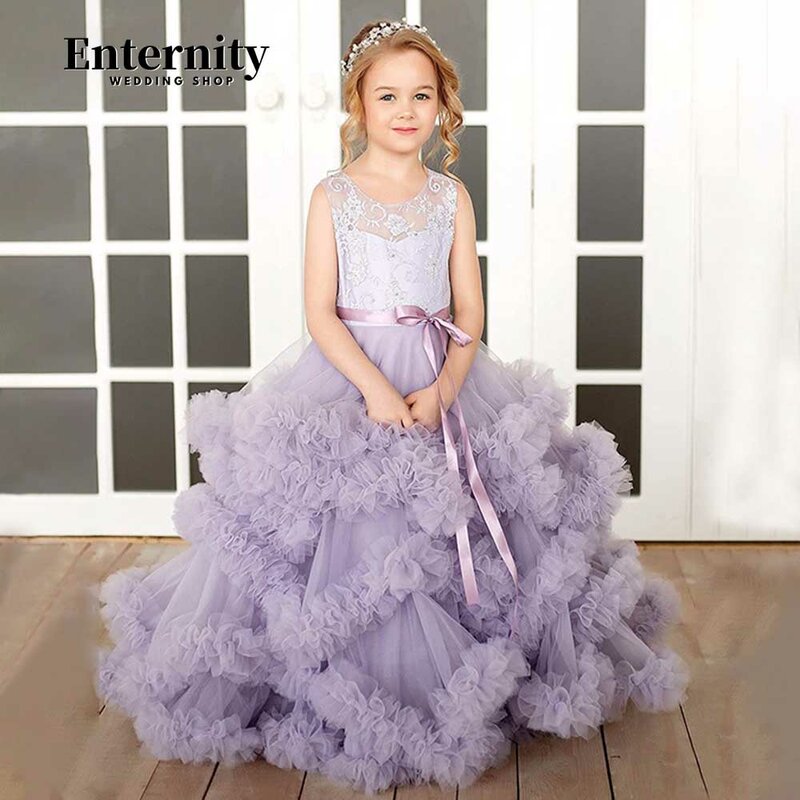 Księżniczka Enfant składana bez rękawów urocza mała dziewczynka pasek z kokardką suknia balowa iluzja tylna podłoga-długość Vestidos Para Niñas