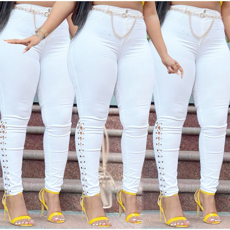 Plus Size Sexy Hollow Out White Skinny Jeans 3XL Summer Streetwear Women High Waist Ripped Lace Up Bandage Denim Pencil Pants