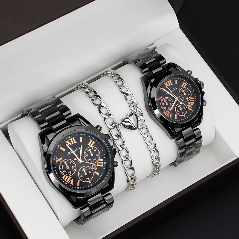 4 Stück Paar Uhr Set Männer schwarz Quarz Stahl Uhr Luxus Herren Damen Armbanduhr Relogio Feminino mit Armband Nesklace Gifs