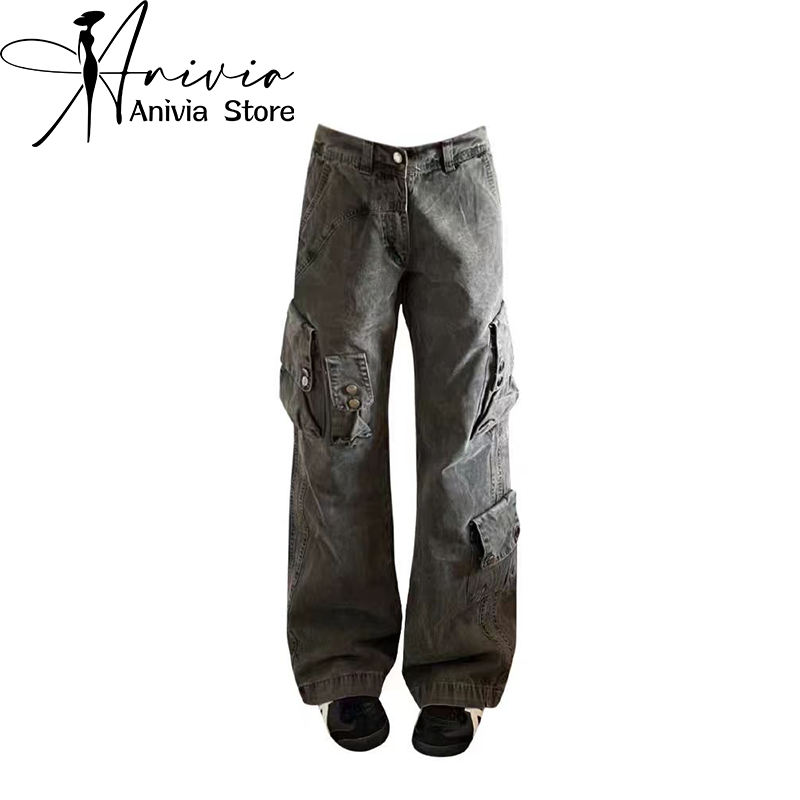 Y2k celana Jeans kargo abu-abu untuk wanita, celana panjang Denim longgar Harajuku bergaya Jepang 2000s, celana jins Vintage ukuran ekstra besar 2024 untuk wanita