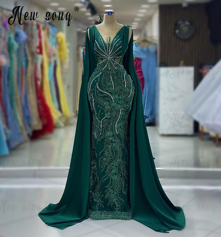 Vestido de noite luxuoso com capa longa, Vestido de noite formal personalizado, Vestido de jantar, Verde esmeralda, Manga, Dubai