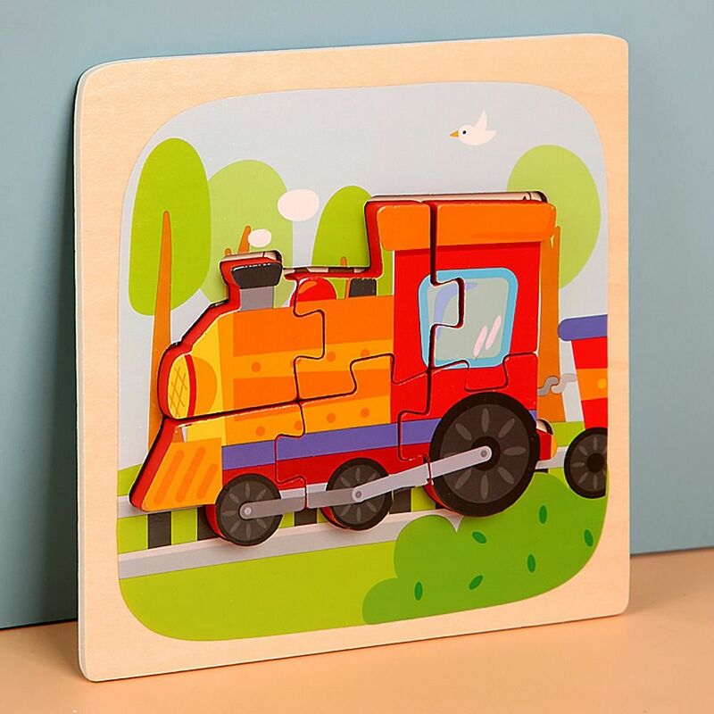Mainan teka-teki hewan 3D, mainan Puzzle kartun lucu untuk kereta api anjing bebek kodok cerdas permainan Puzzle pendidikan dini anak-anak mainan Puzzle kayu