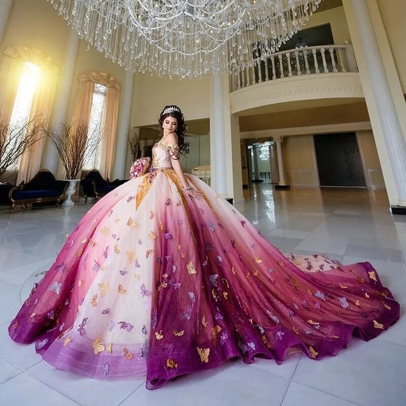 화려한 프린세스 퀸시네라 드레스, 볼 가운 오프 더 숄더, 3D 나비, 달콤한 16 드레스, 15 아뇨 멕시코
