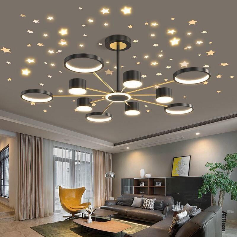 Lustre LED ciel étoilé romantique, lampe à suspension pour salon, salle à manger, chambre à coucher, luminaire doré noir, maison