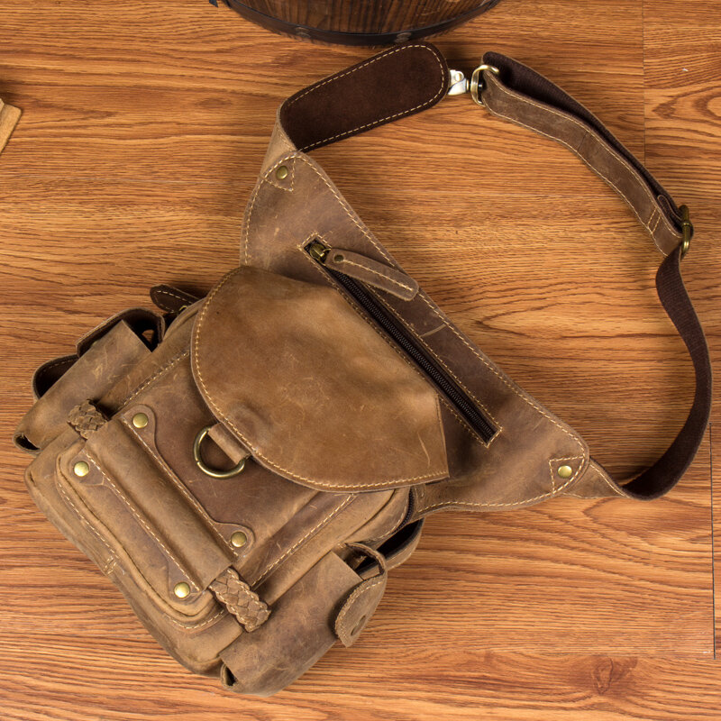 Bolso de hombro de cuero de Caballo Loco antiguo hecho a mano, bolsillos de cuero retro, bolsos casuales para hombres, bolso de marea de motocicleta