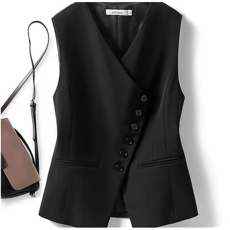 Женский винтажный кардиган на пуговицах, повседневный черный жилет без рукавов с V-образным вырезом, элегантный простой шикарный кардиган