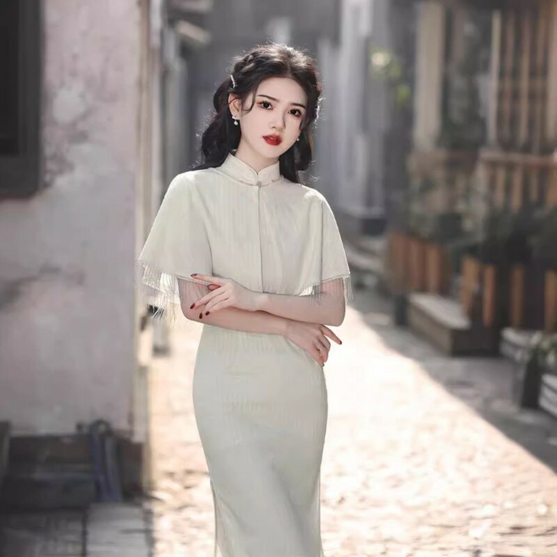 Vintage chiński styl Slim Qipao z peleryną seksowne kobiety koronkowa wieczorowa suknia ślubna Vintage klasyczne dziewczyny codzienne Cheongsam Vestidos