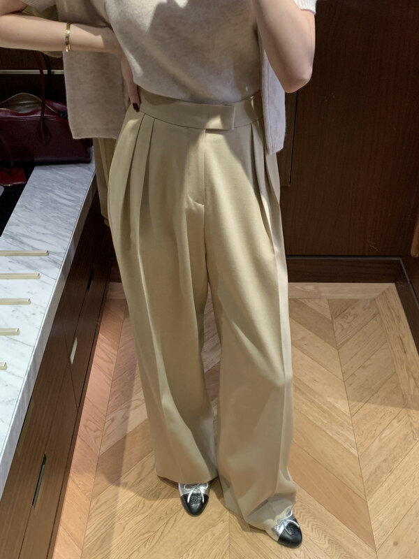 Chic Women Casual Loose Straight Suits Pants 2024 Spring Summer Office Ladies High Waist Wide Leg Trousers WP19