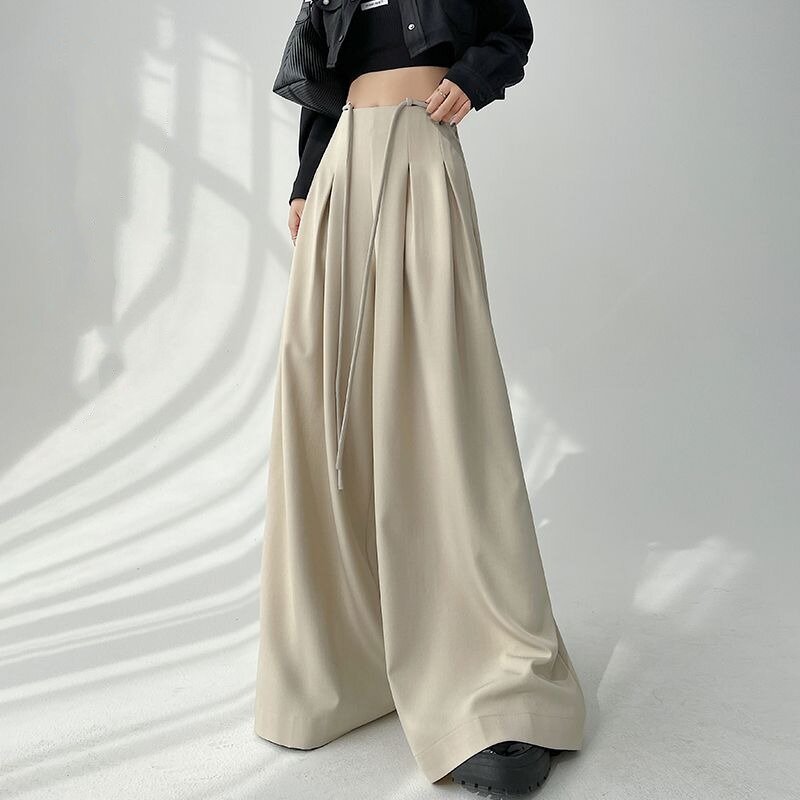 Women's 2024 Spring New Fashion High-waisted Drawstring Solid Color Loose Ruched Straight Full Length Casual Suit Wide Leg Pants