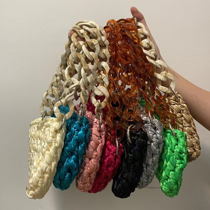 Bolsa de ombro de tricô artesanal para mulheres, Mini sacos tecidos de crochê, Cadeias acrílicas, Bolsas de grife, 2024