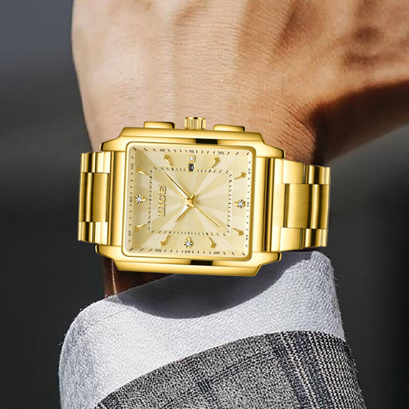 Lige-メンズ高級腕時計、防水、発光クロノグラフ、ステンレス鋼、クォーツ時計