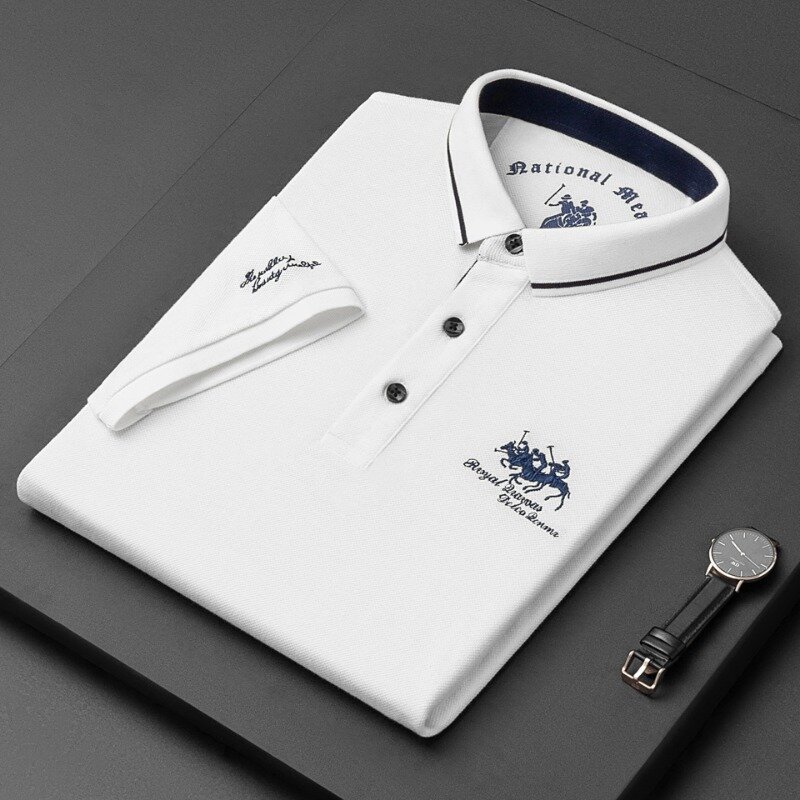 2023 nowa haftowana koszulka Polo męska wysokiej klasy luksusowa tarcza letnia Casual Lapel z krótkim rękawem T-shirt koreański moda męska