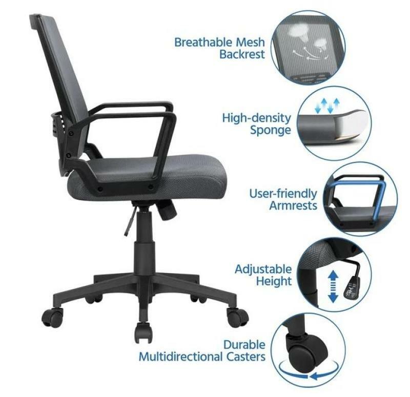 Ergonomiczny krzesło biurowe siatkowe z regulowaną wysokością, środkowy tył, ciemnoszary