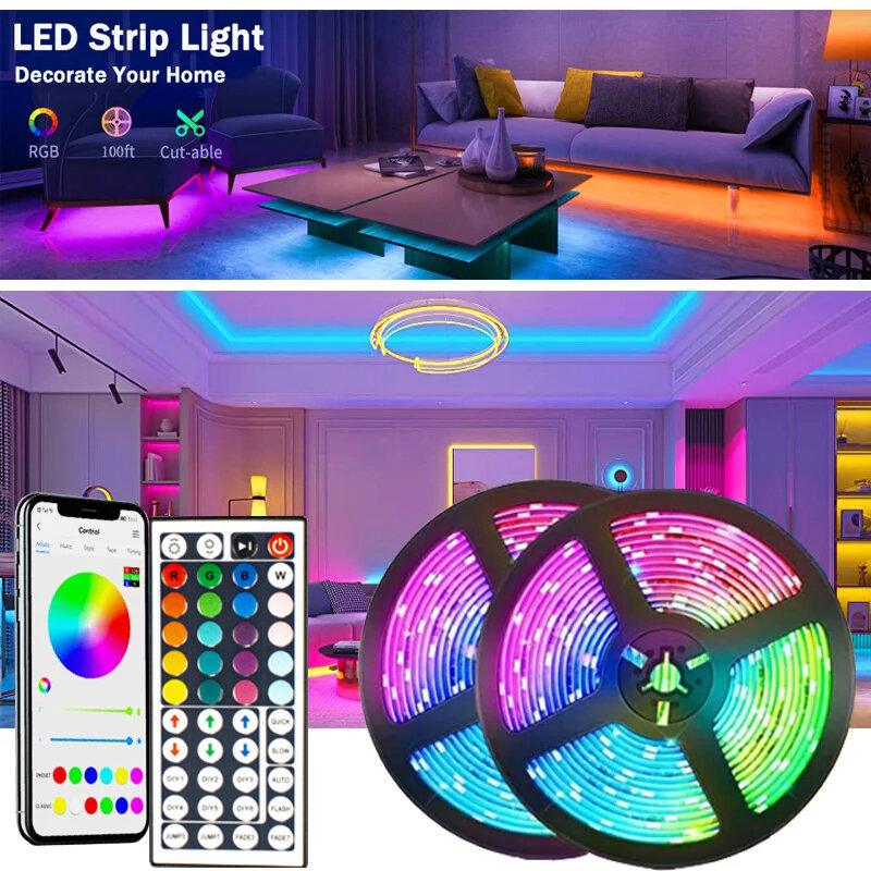LED Strip Lights para quarto, RGB Color Tape, Decoração do quarto, TV Backlight, Bluetooth Neon Lights, 1-5m, 10m, 15m, 20m, 30m, 5050