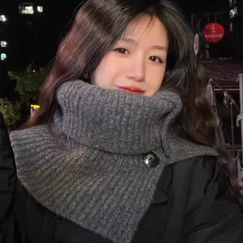 Nuova sciarpa calda invernale Ins sciarpe con bottoni in tinta unita alla moda per le donne ragazze sciarpa con colletto finto con bottone lavorato a maglia in tinta unita coreano