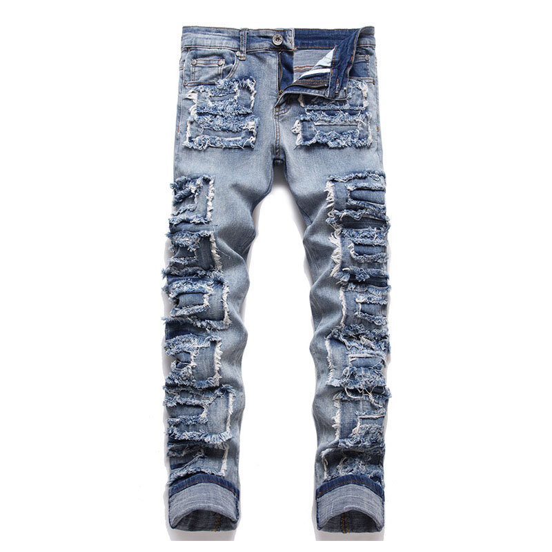 Mcikkny Nieuwe Vintage Ripped Geplooide Jeans Broek Patchwork Streetwear Stretch Denim Broek Voor Mannelijke Hip Hop Straight