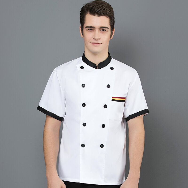 Heren Chef-Koks Jas Kok Uniform Met Korte Mouwen Kookjassen Foodservice Tops Restaurant Keuken Werkkleding Bakkerij Job Wear Shirts