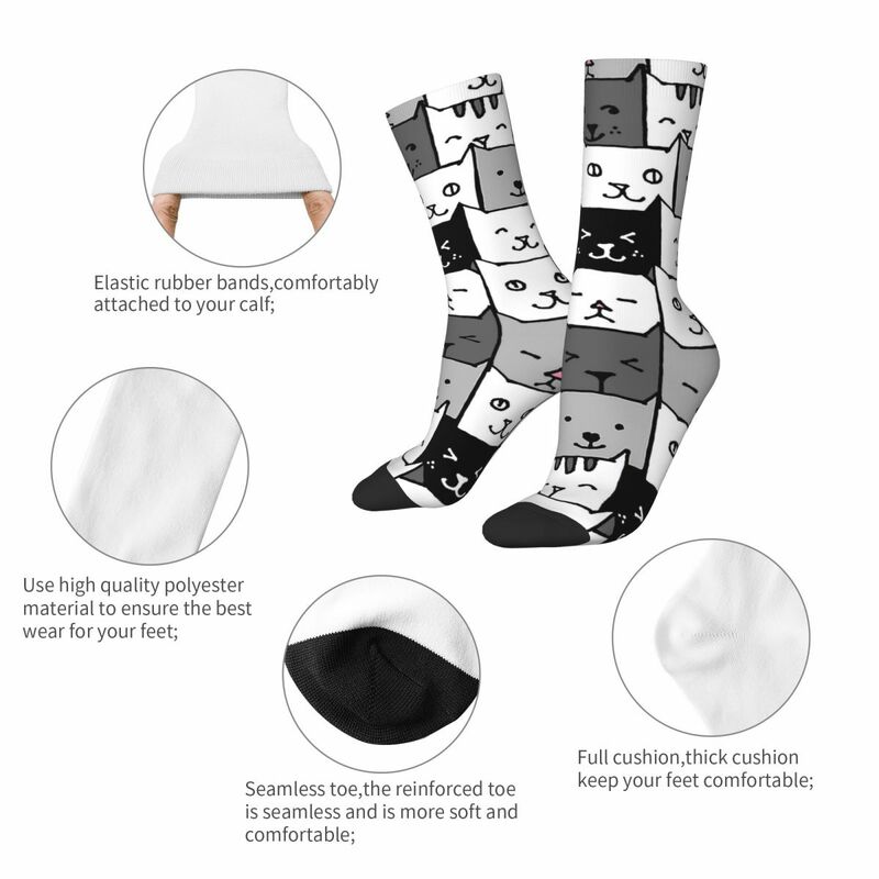 Funny Crazy Sock for Men Cats Print Hip Hop Vintage Cartoon Style Seamless Pattern Printed Boys Crew Sock Novelty Gift