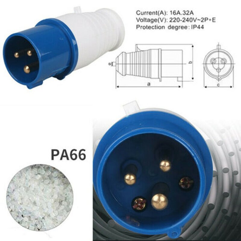 Colokan dan soket industri biru 240V 16A, konektor soket listrik soket terpasang di dinding tanah tahan air IP44 pria/wanita