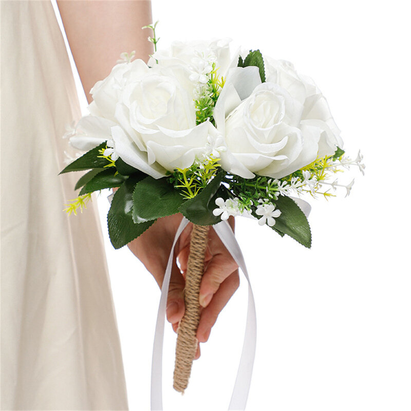 Casamento Damas Segurando Flores, Criativo Twine Handle Bouquet, Cruz Fronteira Branco Imitação Rosa, Noiva Segurando Flores