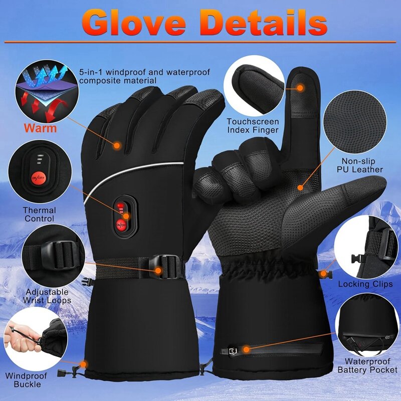 Electric Heated Gloves Hand Warmers Winter Touchscreen Gloves Battery Powered Waterproof Gloves For Outdoor Working Black