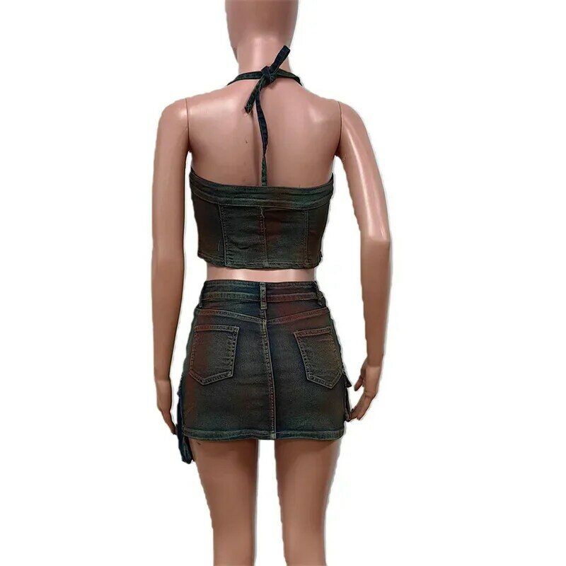 ชุดสองชิ้นเสื้อเซ็กซี่เปลือยหลังสำหรับผู้หญิงกระโปรงสั้นปะมีกระเป๋า3D ชุดวินเทจสายคล้องคอชุดสูทหญิงสีพ่น